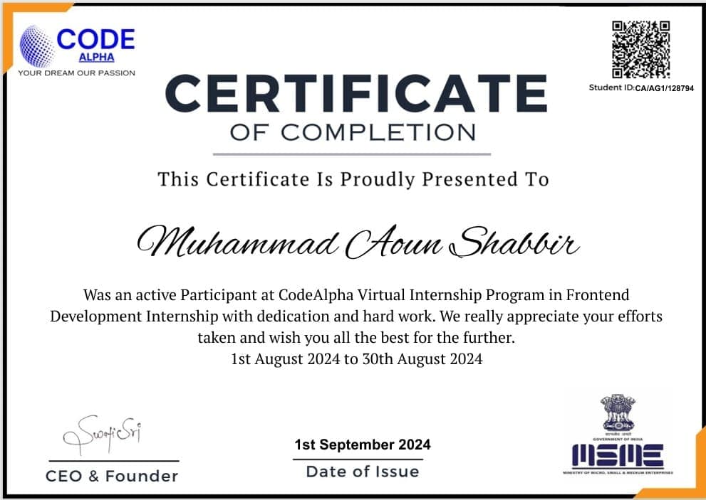 Certificate of Completion - Frontend Web Development - certificate earned by Muhammad Aoun Shabbir