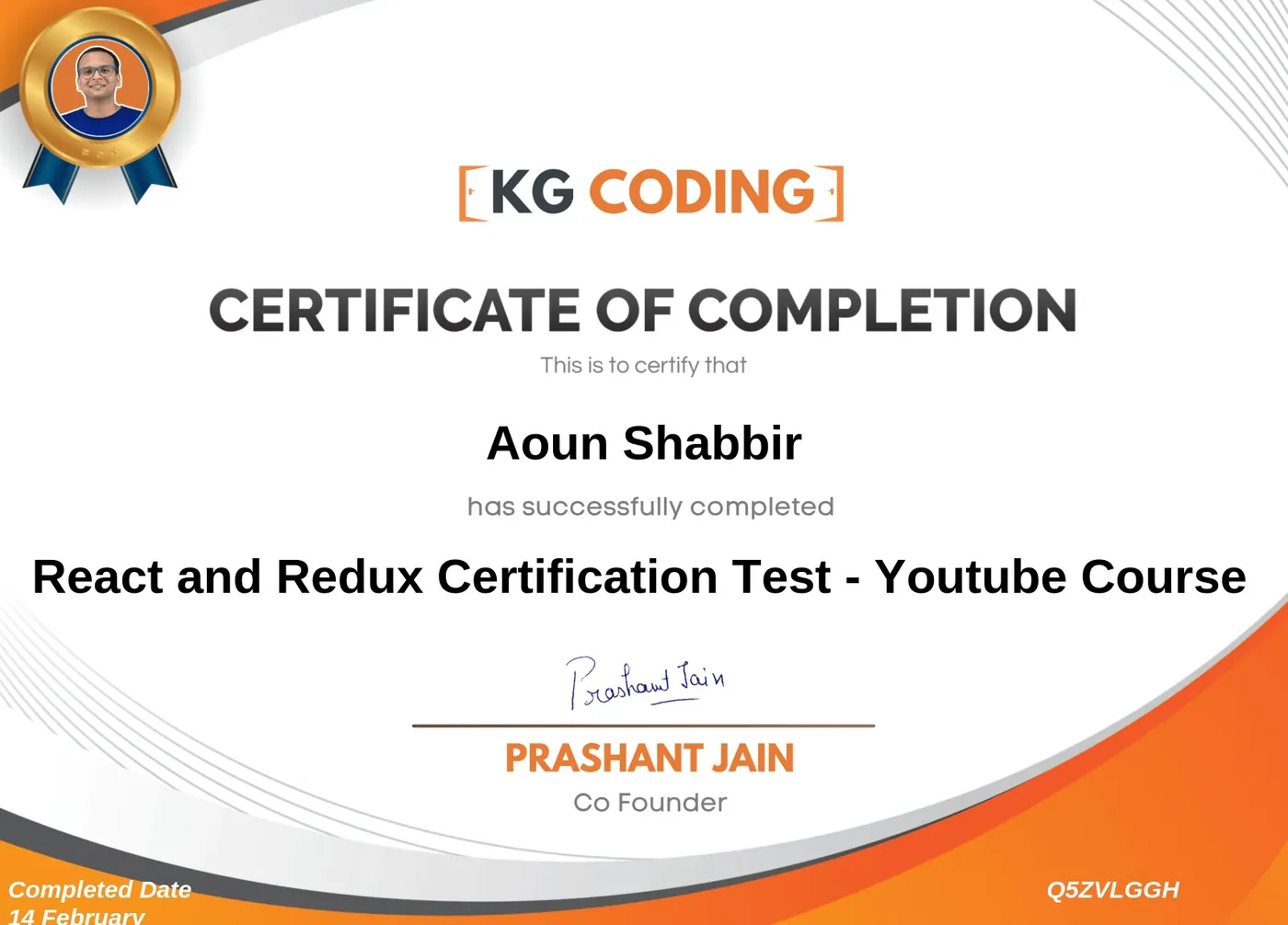 React and Next.js & Supabase Mastery - certificate earned by Muhammad Aoun Shabbir