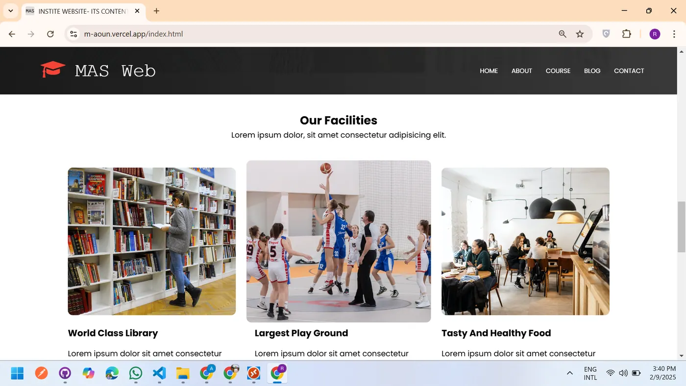 React js and pure CSS Institute Website screen 2