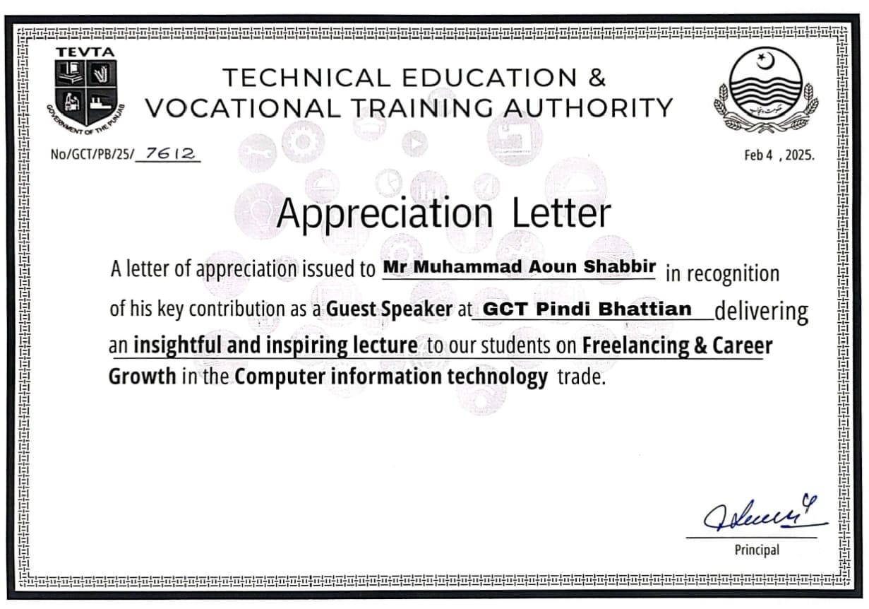 Honor Letter - TEVTA Guest Speaker - certificate earned by Muhammad Aoun Shabbir
